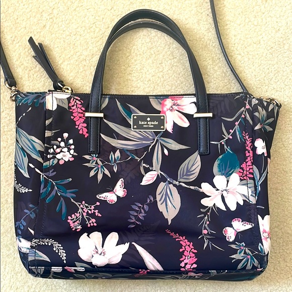 Kate Spade tote bag / large purse black w/ multi color flowers leaves